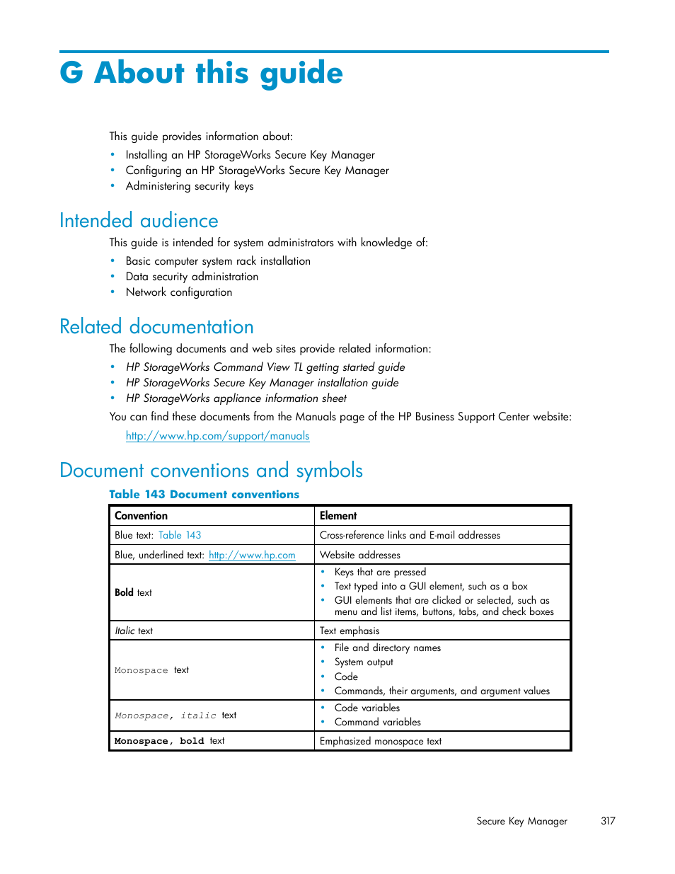 G about this guide, Intended audience, Related documentation | Document conventions and symbols, 143 document conventions | HP Secure Key Manager User Manual | Page 317 / 327