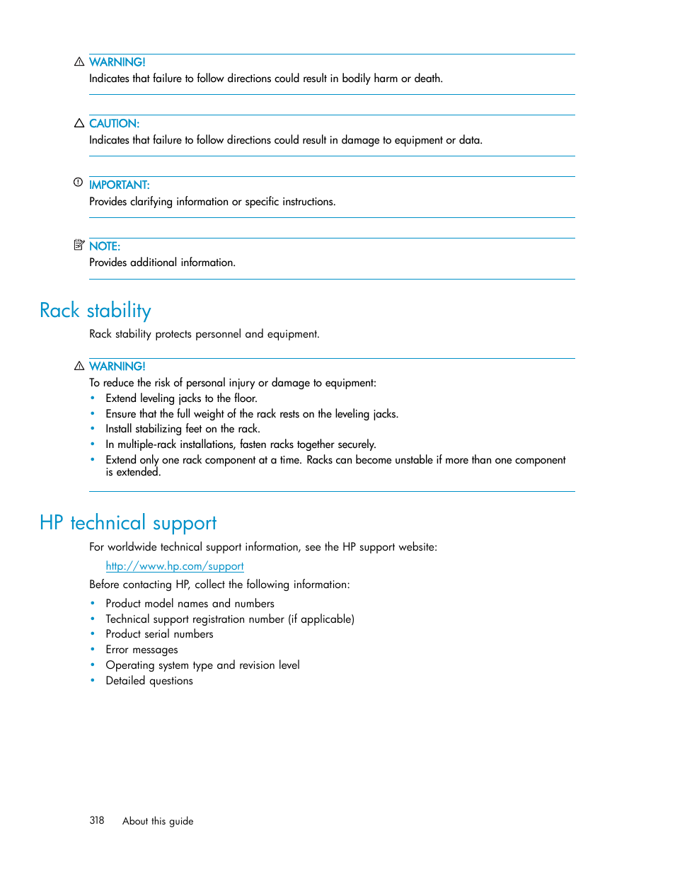 Rack stability, Hp technical support, Customer self repair | Product warranties, Hp websites, Documentation feedback | HP Secure Key Manager User Manual | Page 318 / 327