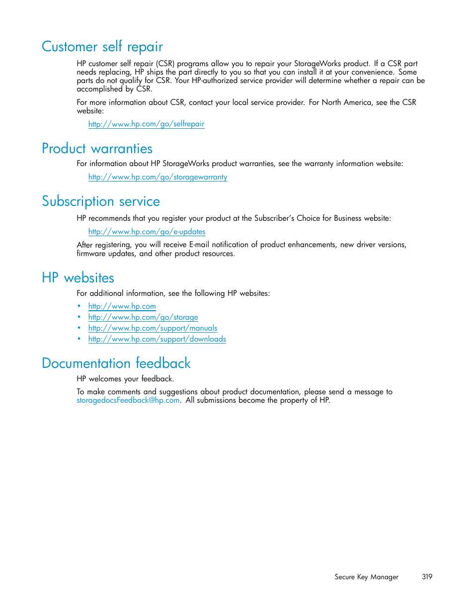 Customer self repair, Product warranties, Subscription service | Hp websites, Documentation feedback | HP Secure Key Manager User Manual | Page 319 / 327