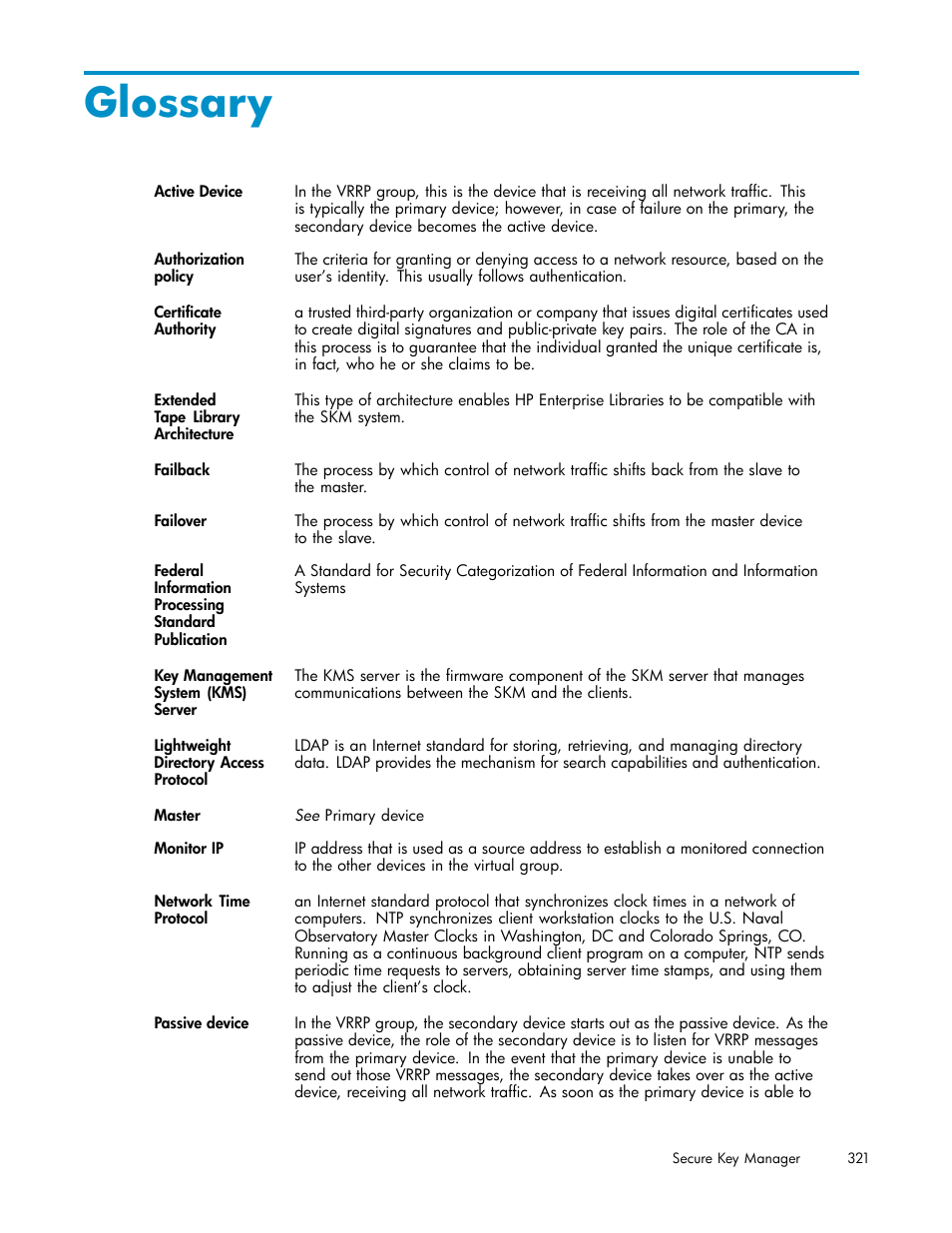 Glossary | HP Secure Key Manager User Manual | Page 321 / 327