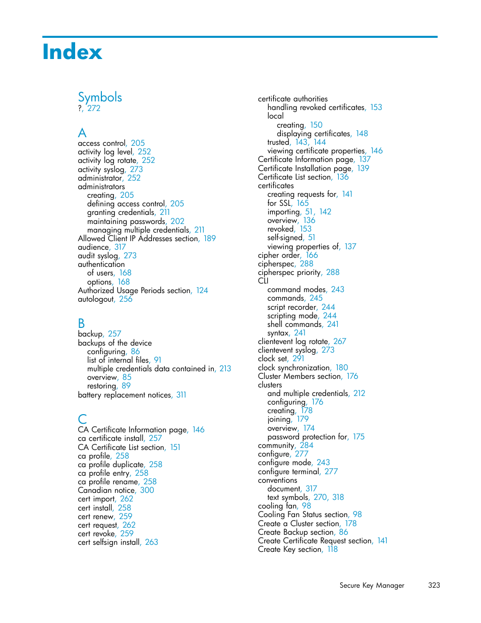 Index, Symbols | HP Secure Key Manager User Manual | Page 323 / 327