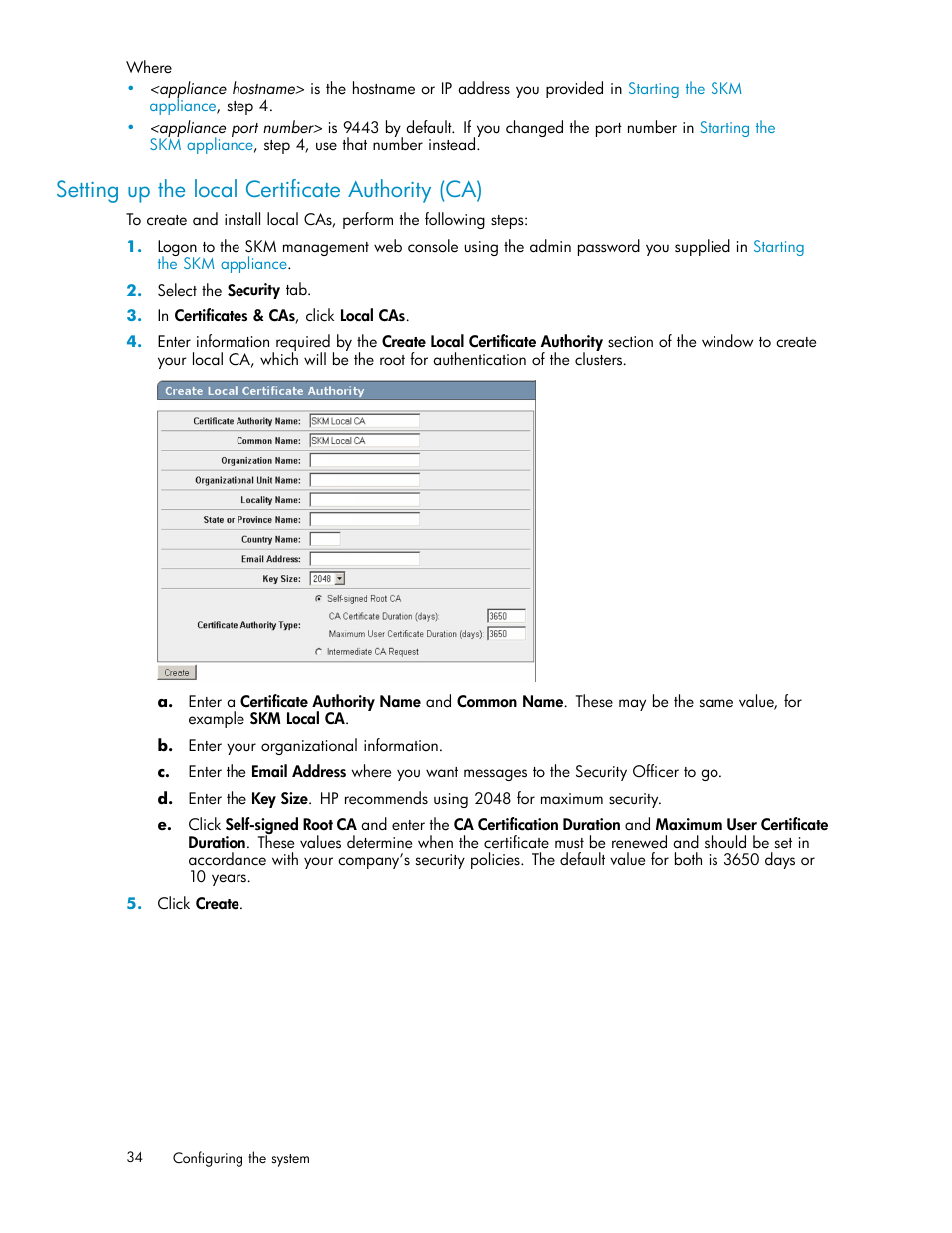 Setting up the local certificate authority (ca), Creating the skm server certificate | HP Secure Key Manager User Manual | Page 34 / 327