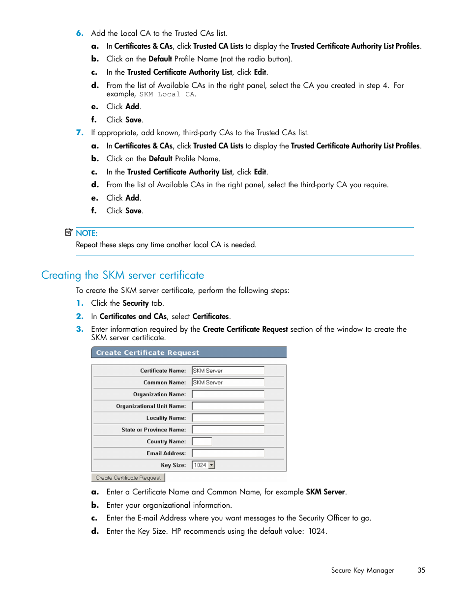 Creating the skm server certificate | HP Secure Key Manager User Manual | Page 35 / 327