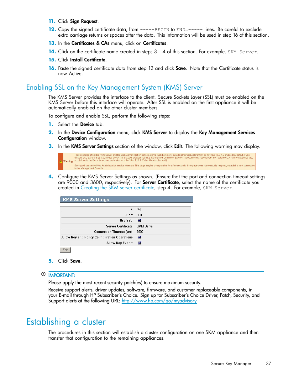 Establishing a cluster, Establishing a, Cluster | HP Secure Key Manager User Manual | Page 37 / 327