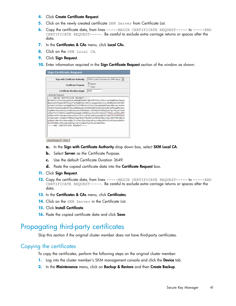 Propagating third-party certificates, Copying the certificates, Propagating | Third-party certificates | HP Secure Key Manager User Manual | Page 41 / 327