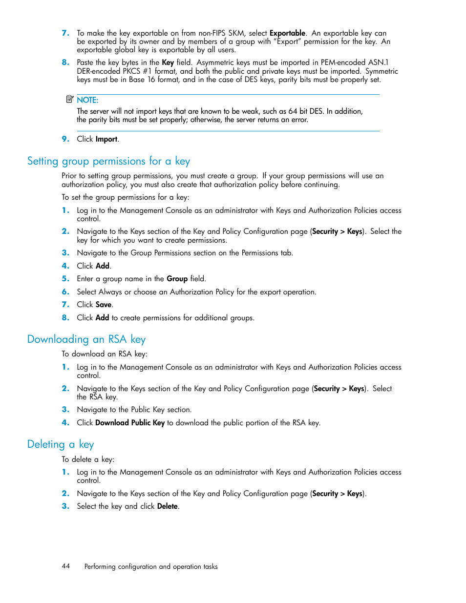 Setting group permissions for a key, Downloading an rsa key, Deleting a key | Authorization policy procedures, Creating an authorization policy, Deleting an authorization policy, User and group procedures, Creating a user | HP Secure Key Manager User Manual | Page 44 / 327