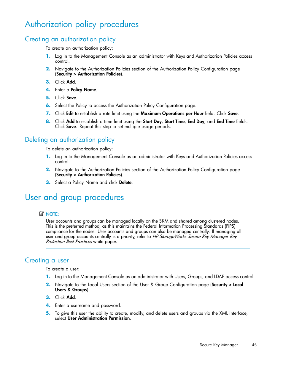 Authorization policy procedures, Creating an authorization policy, Deleting an authorization policy | User and group procedures, Creating a user | HP Secure Key Manager User Manual | Page 45 / 327