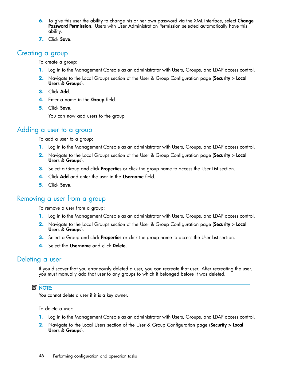 Creating a group, Adding a user to a group, Removing a user from a group | Deleting a user, Deleting a group, Ldap server procedures, Setting up the ldap user directory, Testing the ldap user directory connection, Setting up the ldap schema | HP Secure Key Manager User Manual | Page 46 / 327