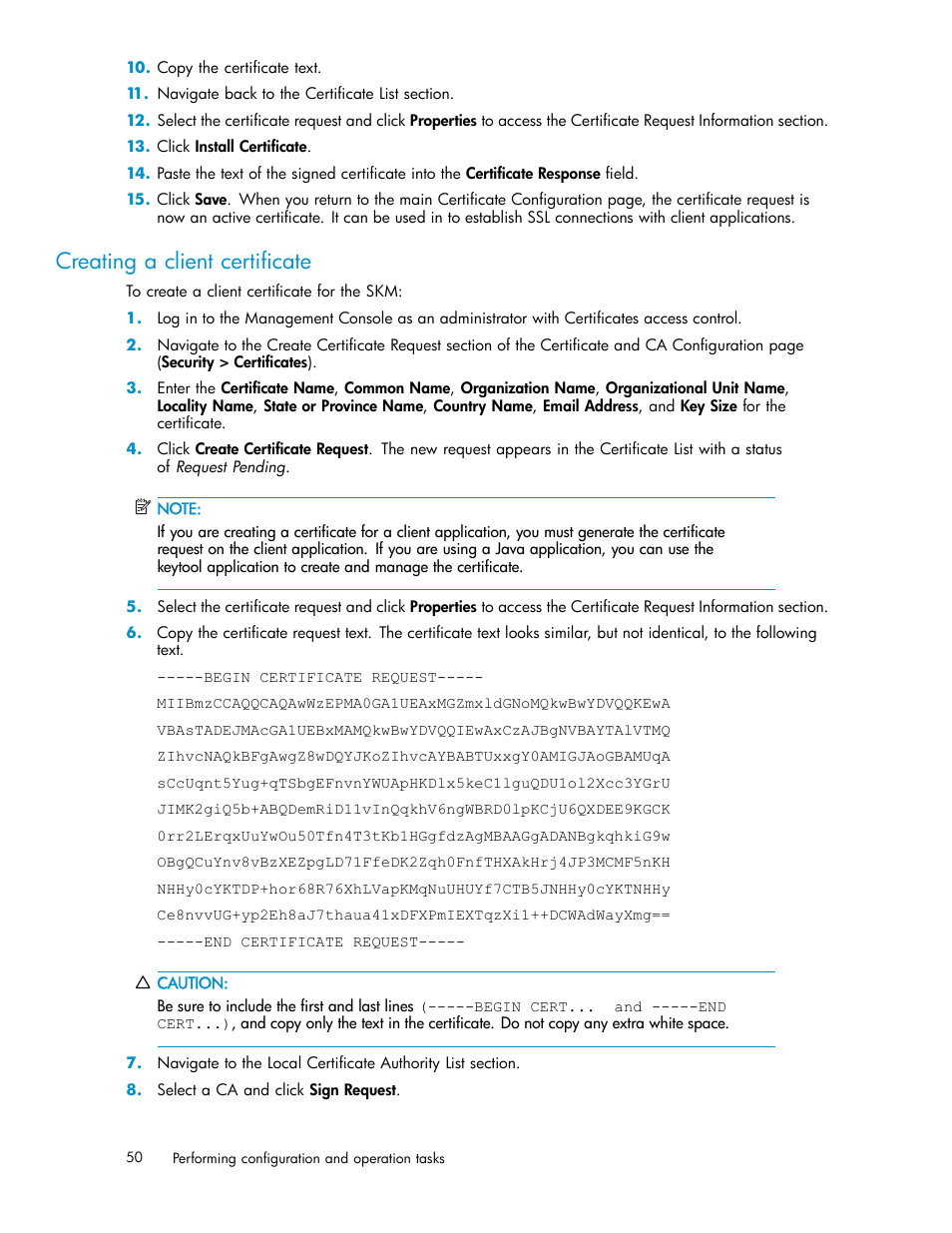 Creating a client certificate, Creating a self-signed certificate, Installing a certificate | HP Secure Key Manager User Manual | Page 50 / 327