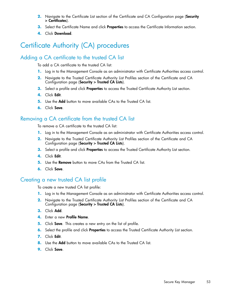 Certificate authority (ca) procedures, Adding a ca certificate to the trusted ca list, Removing a ca certificate from the trusted ca list | Creating a new trusted ca list profile | HP Secure Key Manager User Manual | Page 53 / 327