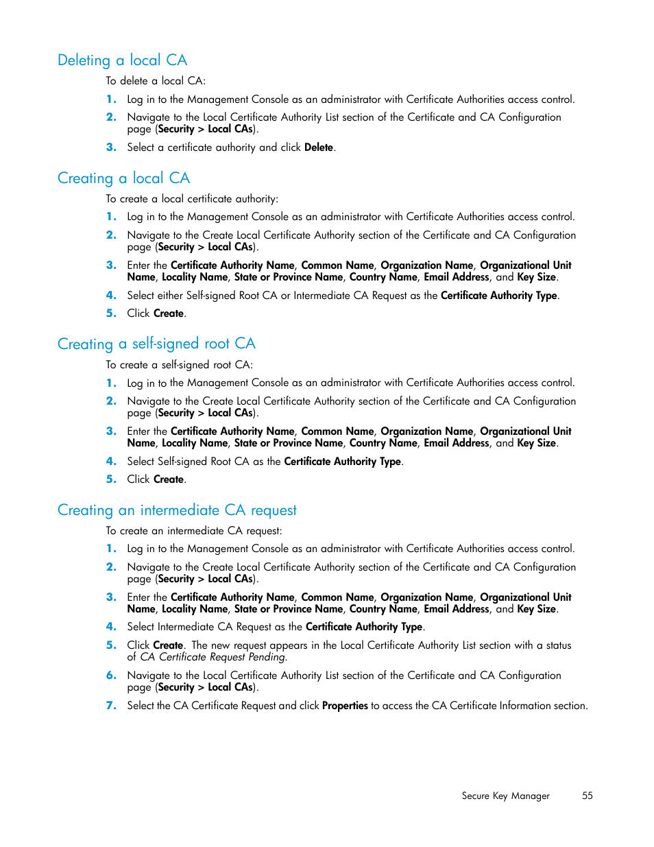 Deleting a local ca, Creating a local ca, Creating a self-signed root ca | Creating an intermediate ca request | HP Secure Key Manager User Manual | Page 55 / 327