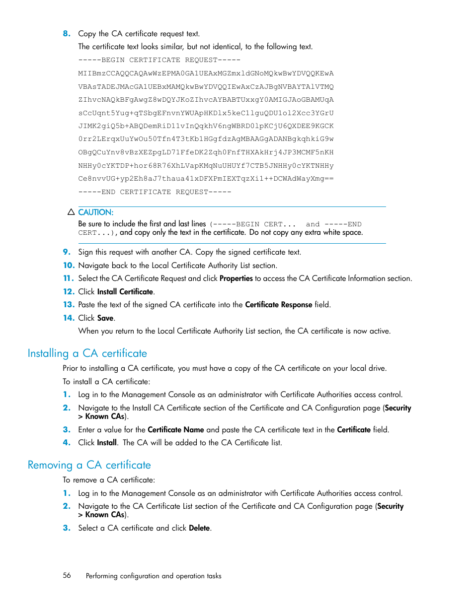 Installing a ca certificate, Removing a ca certificate, Fips status server procedures | Enabling the fips status server, Viewing the fips status report, Kms server procedures, Enabling ssl | HP Secure Key Manager User Manual | Page 56 / 327