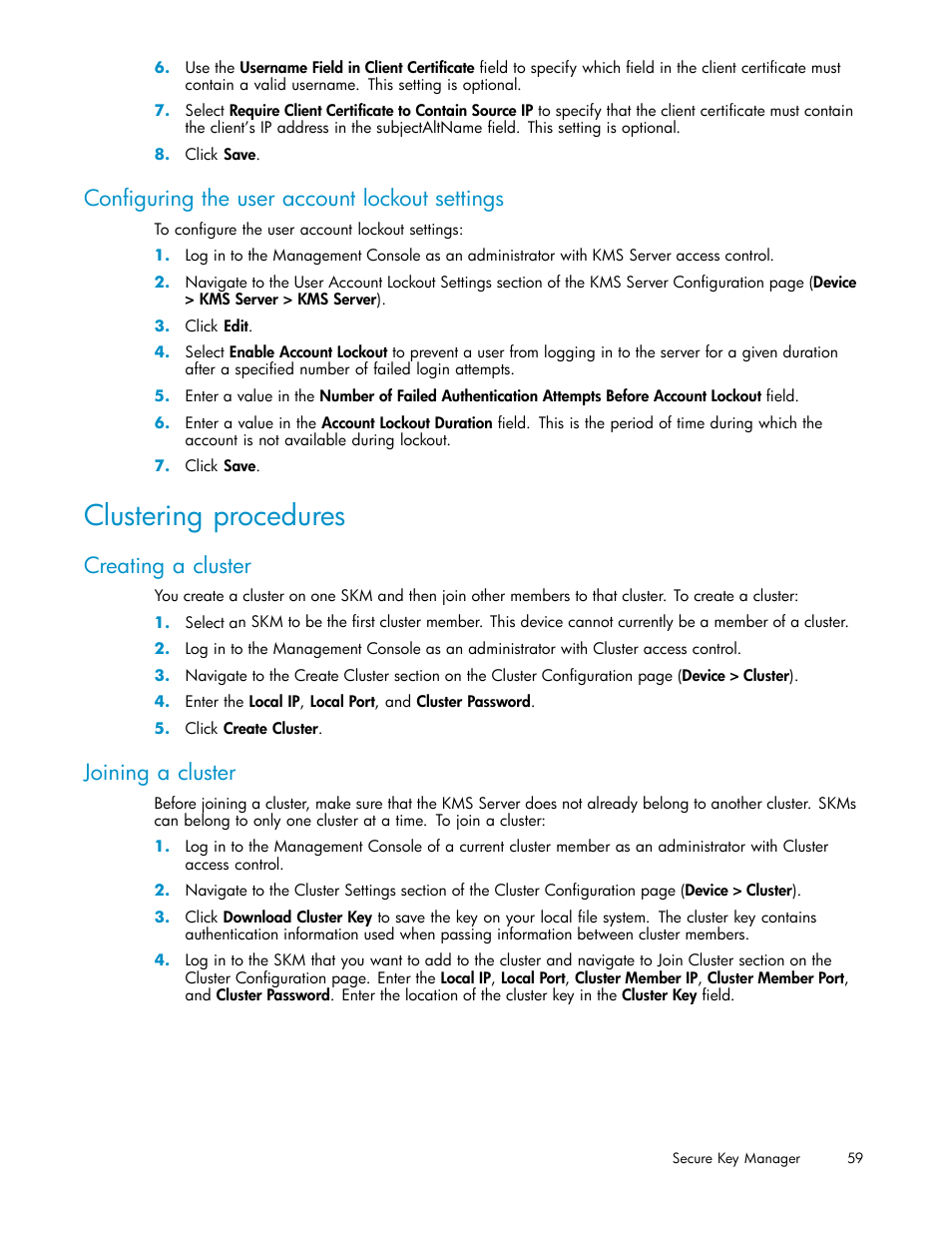 Configuring the user account lockout settings, Clustering procedures, Creating a cluster | Joining a cluster | HP Secure Key Manager User Manual | Page 59 / 327