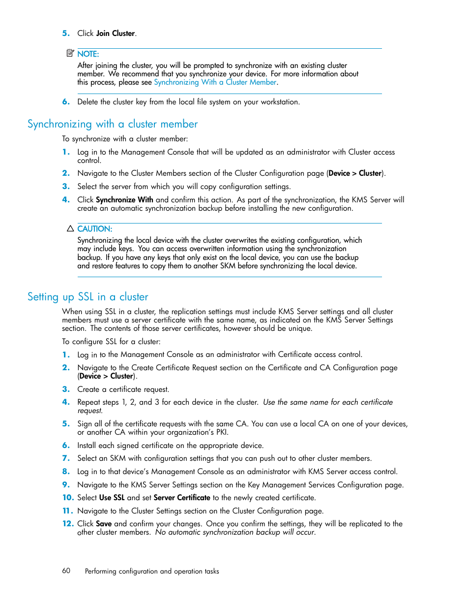 Synchronizing with a cluster member, Setting up ssl in a cluster, Removing a device from a cluster | Upgrading a cluster, Deleting a cluster, Date and time procedures, Setting the date and time on the skm | HP Secure Key Manager User Manual | Page 60 / 327