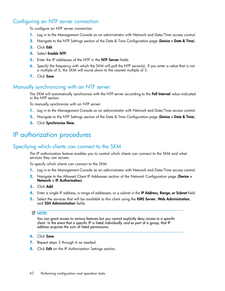 Configuring an ntp server connection, Manually synchronizing with an ntp server, Ip authorization procedures | Specifying which clients can connect to the skm, Snmp procedures, Configuring snmpv1/v2 on the skm, Configuring snmpv3 on the skm | HP Secure Key Manager User Manual | Page 62 / 327