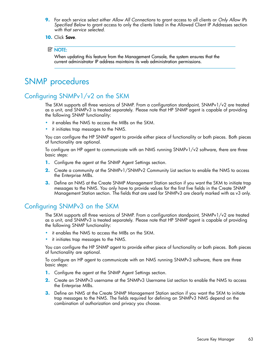 Snmp procedures, Configuring snmpv1/v2 on the skm, Configuring snmpv3 on the skm | HP Secure Key Manager User Manual | Page 63 / 327