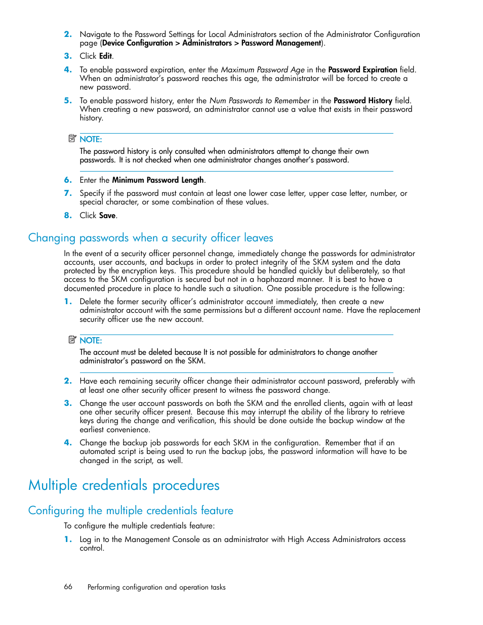 Changing passwords when a security officer leaves, Multiple credentials procedures, Configuring the multiple credentials feature | Granting credentials, Revoking a credential grant, Remote administration procedures, Enabling the web admin user authentication feature | HP Secure Key Manager User Manual | Page 66 / 327