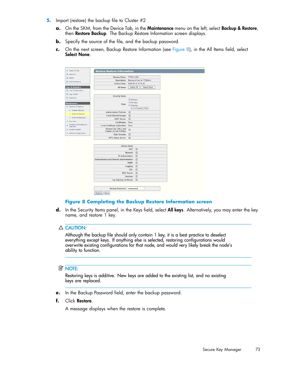 8 completing the backup restore information screen | HP Secure Key Manager User Manual | Page 73 / 327