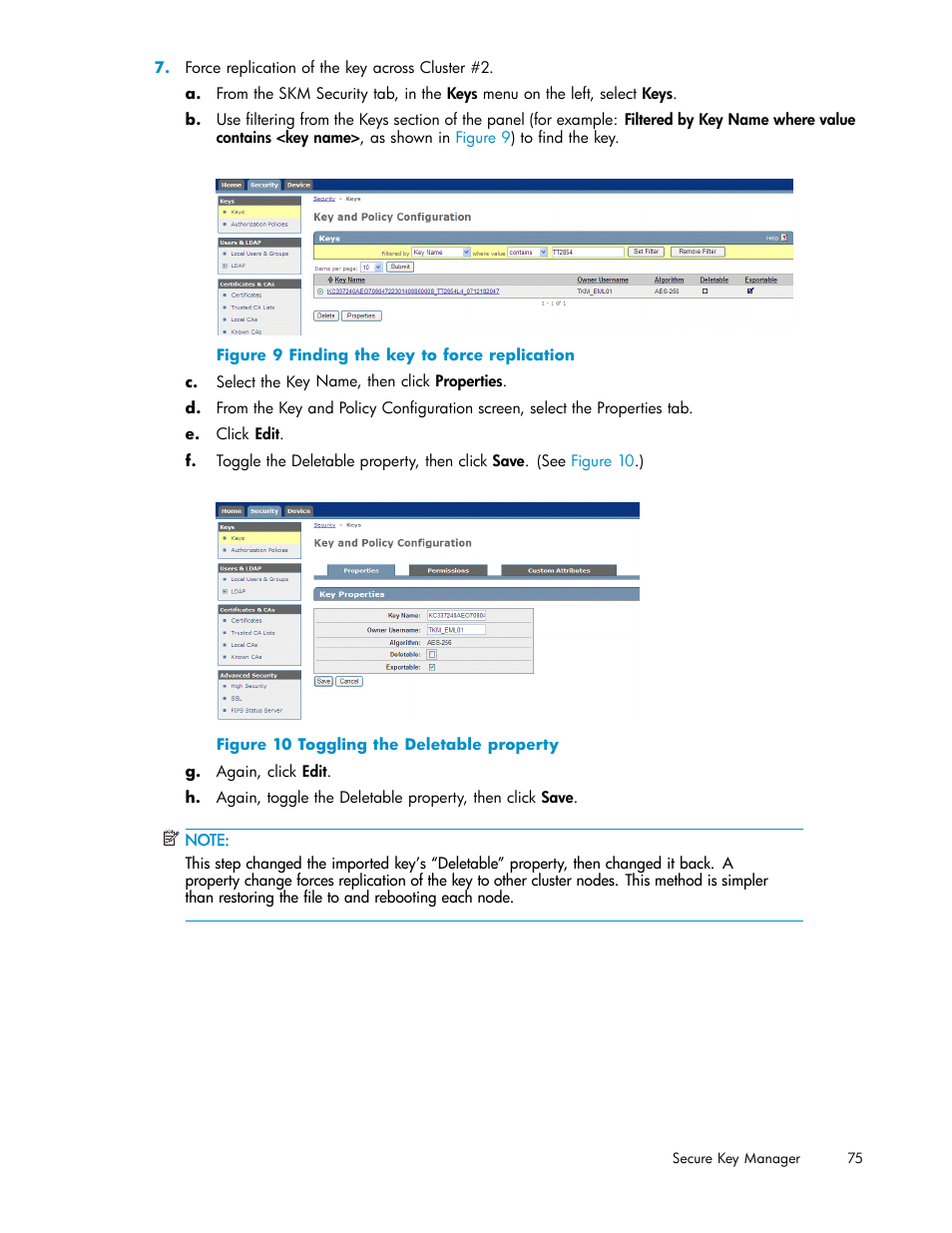 9 finding the key to force replication, 10 toggling the deletable property | HP Secure Key Manager User Manual | Page 75 / 327