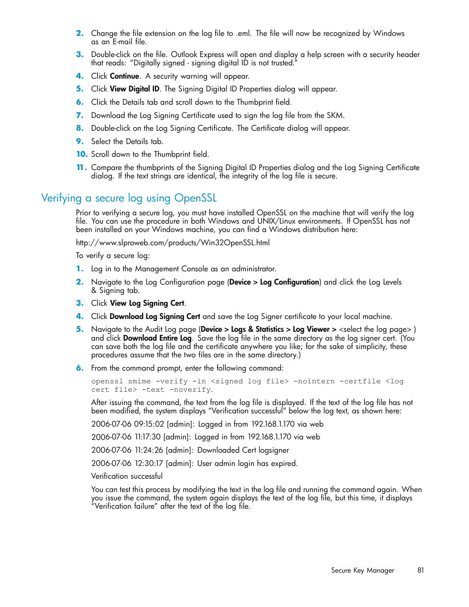 Verifying a secure log using openssl | HP Secure Key Manager User Manual | Page 81 / 327