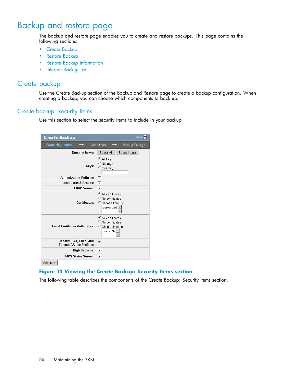 Create backup, Create backup: security items, Backup and restore page | HP Secure Key Manager User Manual | Page 86 / 327