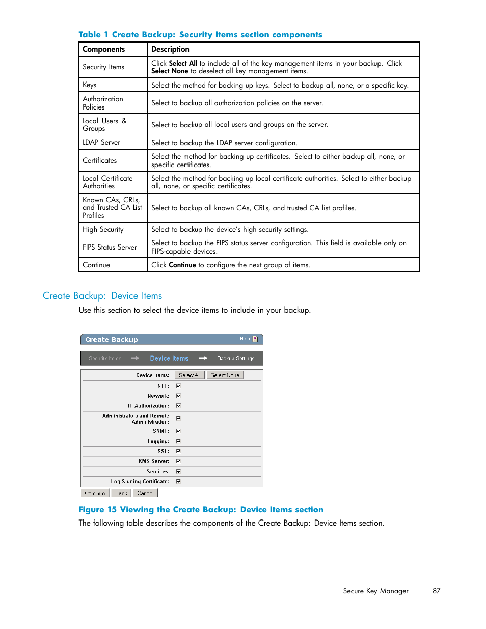 Create backup: device items, 15 viewing the create backup: device items section, 1 create backup: security items section components | HP Secure Key Manager User Manual | Page 87 / 327