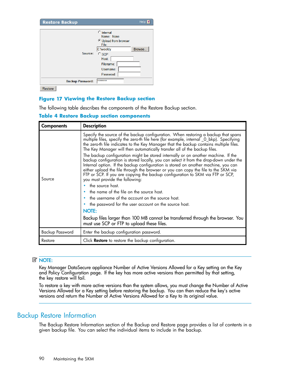 Backup restore information, Internal backup list, 17 viewing the restore backup section | 4 restore backup section components, Restore backup information | HP Secure Key Manager User Manual | Page 90 / 327