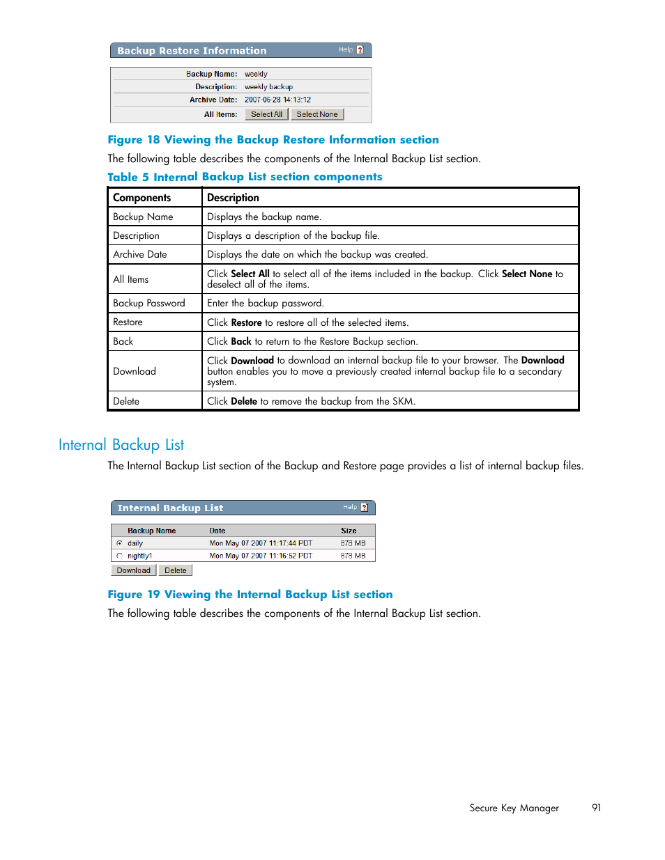 Internal backup list, 18 viewing the backup restore information section, 19 viewing the internal backup list section | 5 internal backup list section components | HP Secure Key Manager User Manual | Page 91 / 327