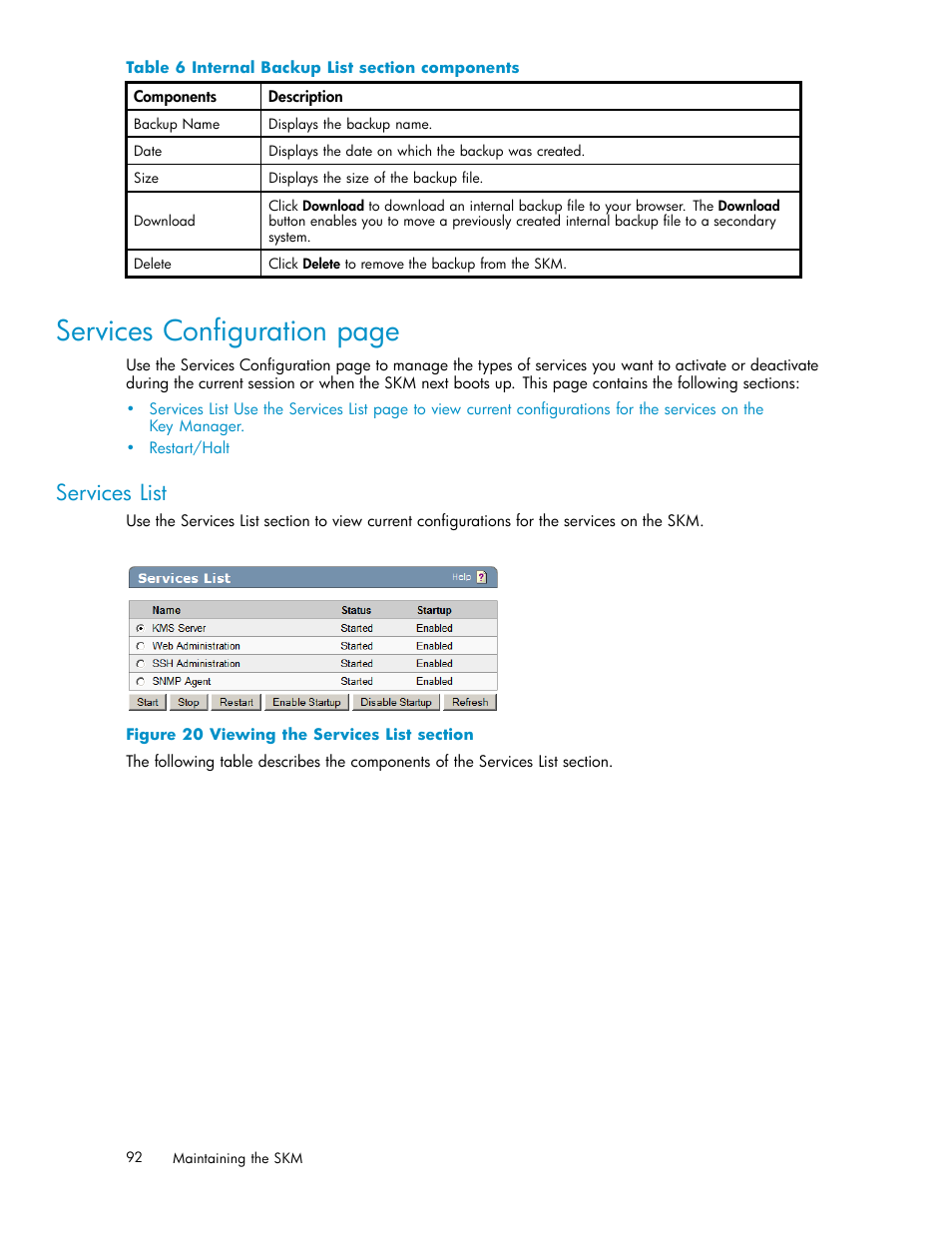 Services list, Restart/halt, 20 viewing the services list section | 6 internal backup list section components, Services configuration page | HP Secure Key Manager User Manual | Page 92 / 327