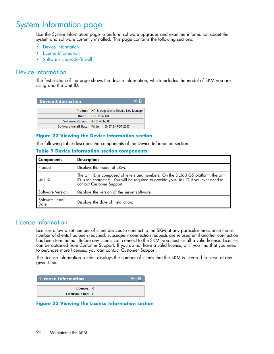 Device information, License information, Software upgrade/install | 22 viewing the device information section, 23 viewing the license information section, 9 device information section components, System information page | HP Secure Key Manager User Manual | Page 94 / 327