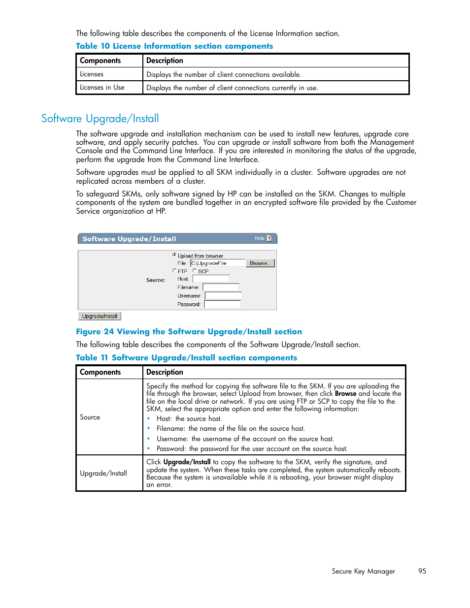 Software upgrade/install, 24 viewing the software upgrade/install section, 10 license information section components | 11 software upgrade/install section components | HP Secure Key Manager User Manual | Page 95 / 327