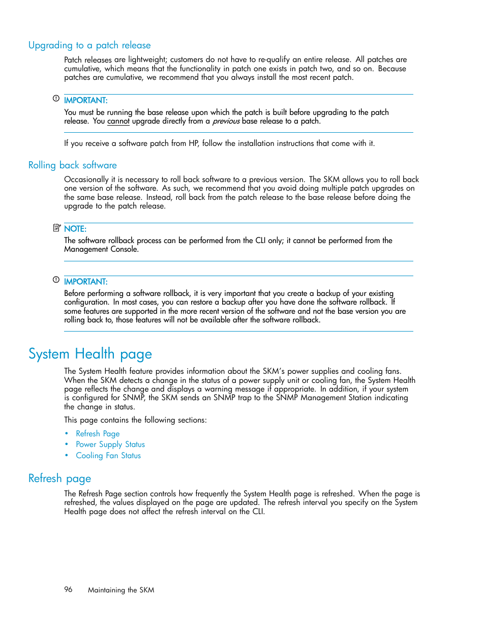 Power supply status, Upgrading to a patch release, Rolling back software | System health page, Refresh page | HP Secure Key Manager User Manual | Page 96 / 327