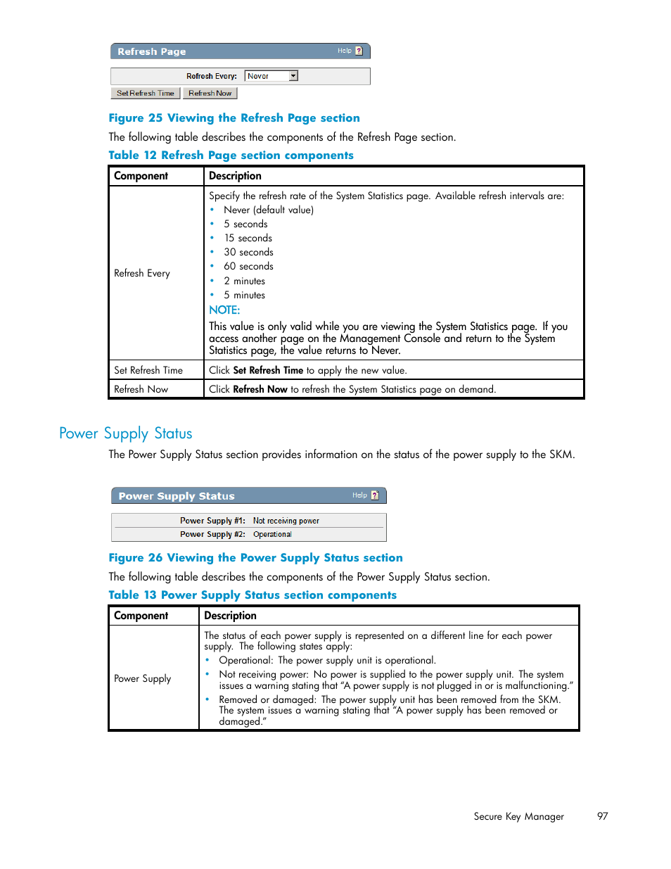 Power supply status, 26 viewing the power supply status section, 13 power supply status section components | HP Secure Key Manager User Manual | Page 97 / 327