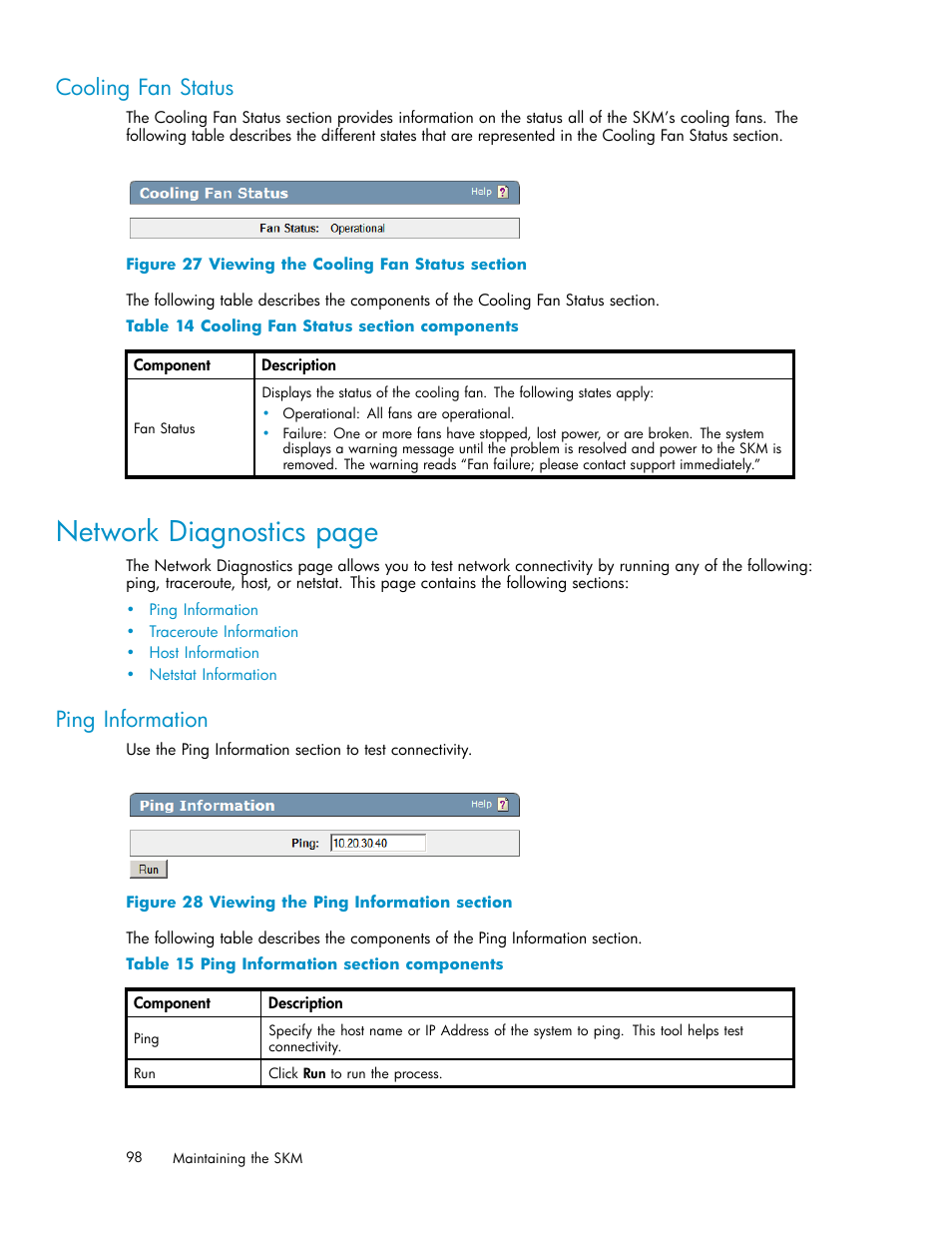 Cooling fan status, Ping information, Traceroute information | Host information, Netstat information, 27 viewing the cooling fan status section, 28 viewing the ping information section, 14 cooling fan status section components, 15 ping information section components, Network diagnostics page | HP Secure Key Manager User Manual | Page 98 / 327