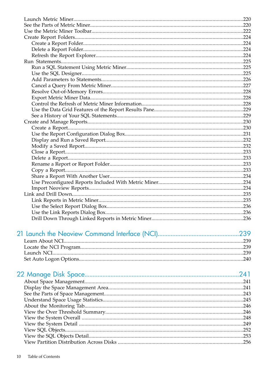 21 launch the neoview command interface (nci), 22 manage disk space | HP Neoview Release 2.5 Software User Manual | Page 10 / 284