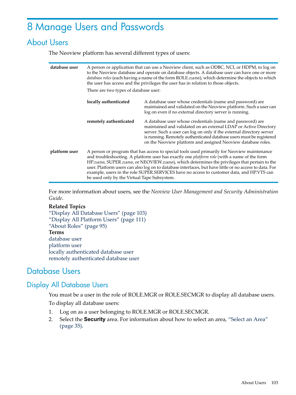 8 manage users and passwords, About users, Database users | Display all database users, About users database users | HP Neoview Release 2.5 Software User Manual | Page 103 / 284