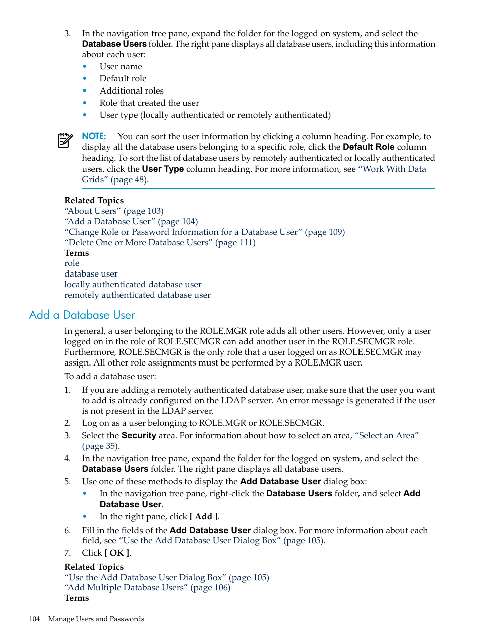 Add a database user | HP Neoview Release 2.5 Software User Manual | Page 104 / 284