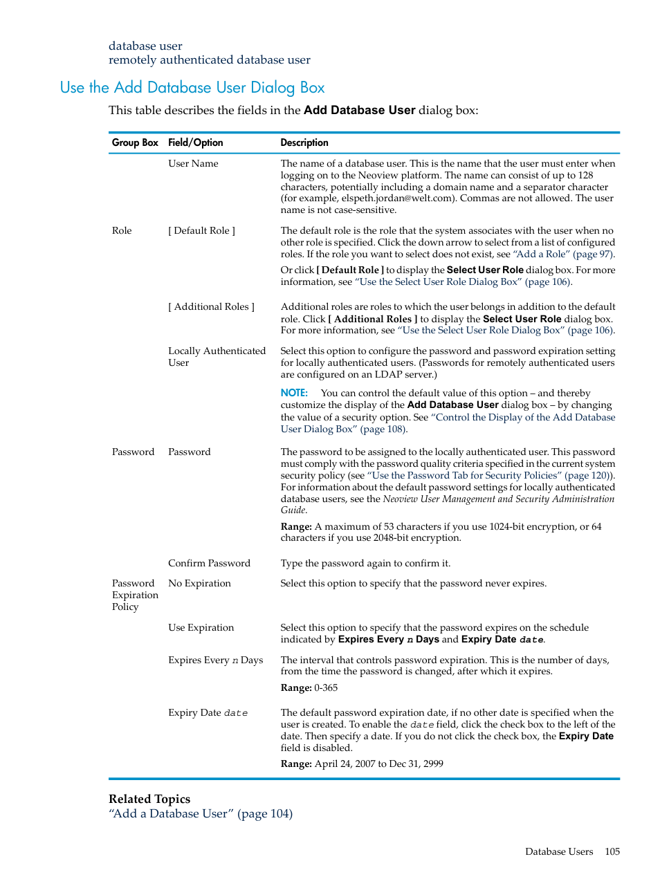 Use the add database user dialog box | HP Neoview Release 2.5 Software User Manual | Page 105 / 284