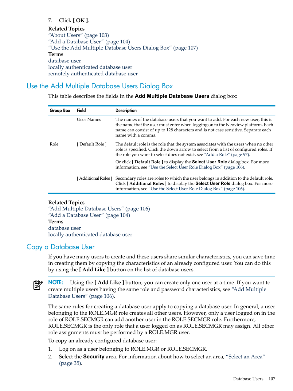 Use the add multiple database users dialog box, Copy a database user | HP Neoview Release 2.5 Software User Manual | Page 107 / 284