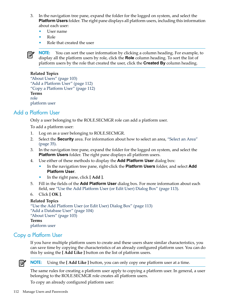 Add a platform user, Copy a platform user, Add a platform user copy a platform user | HP Neoview Release 2.5 Software User Manual | Page 112 / 284