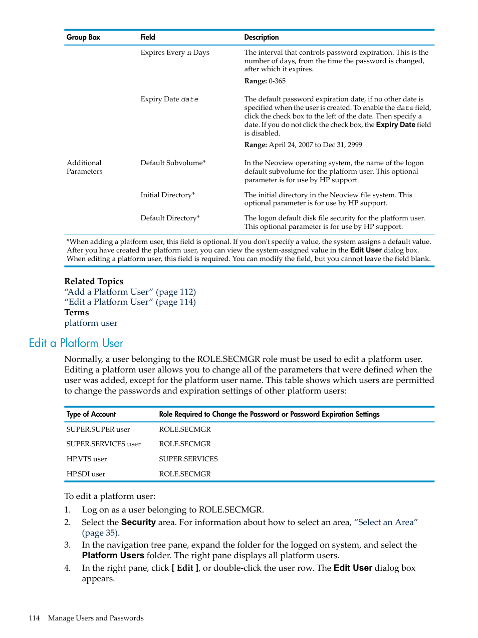 Edit a platform user | HP Neoview Release 2.5 Software User Manual | Page 114 / 284