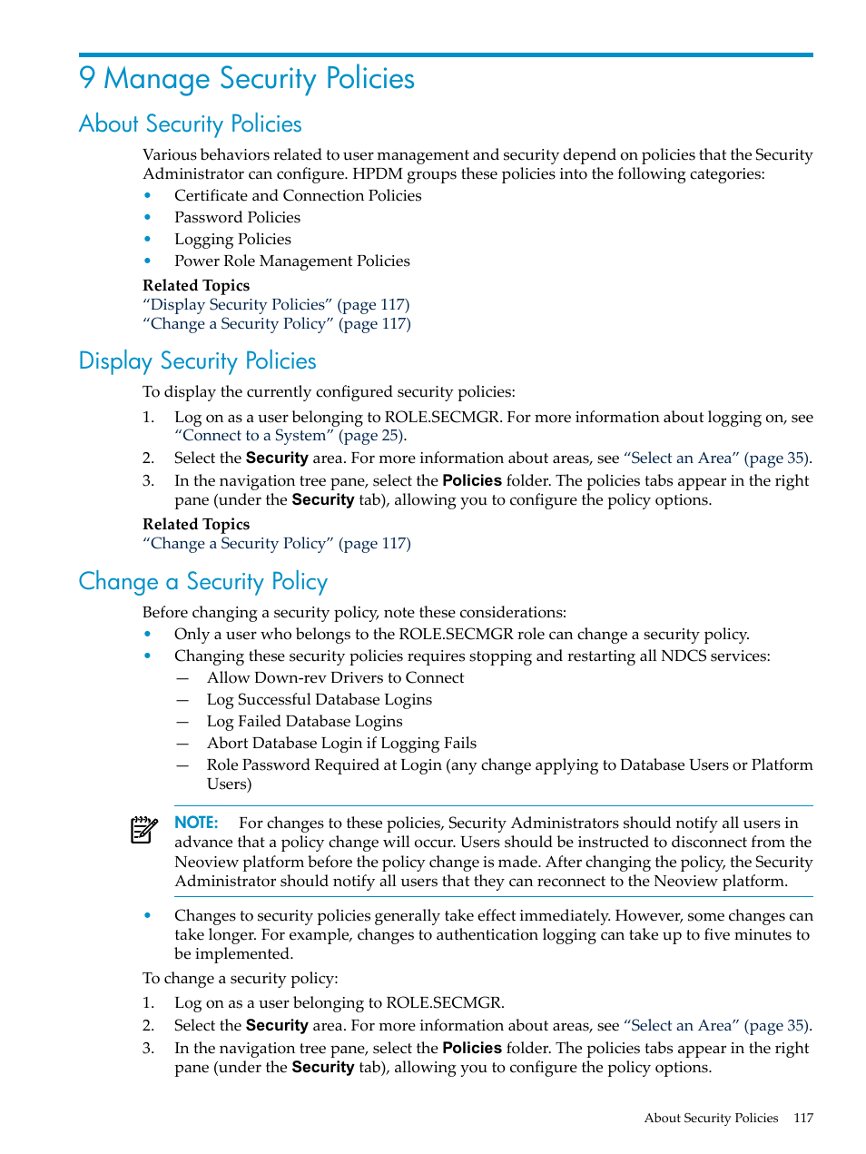 9 manage security policies, About security policies, Display security policies | Change a security policy | HP Neoview Release 2.5 Software User Manual | Page 117 / 284