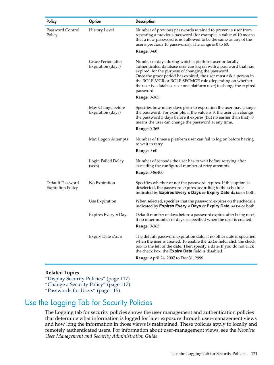 Use the logging tab for security policies | HP Neoview Release 2.5 Software User Manual | Page 121 / 284