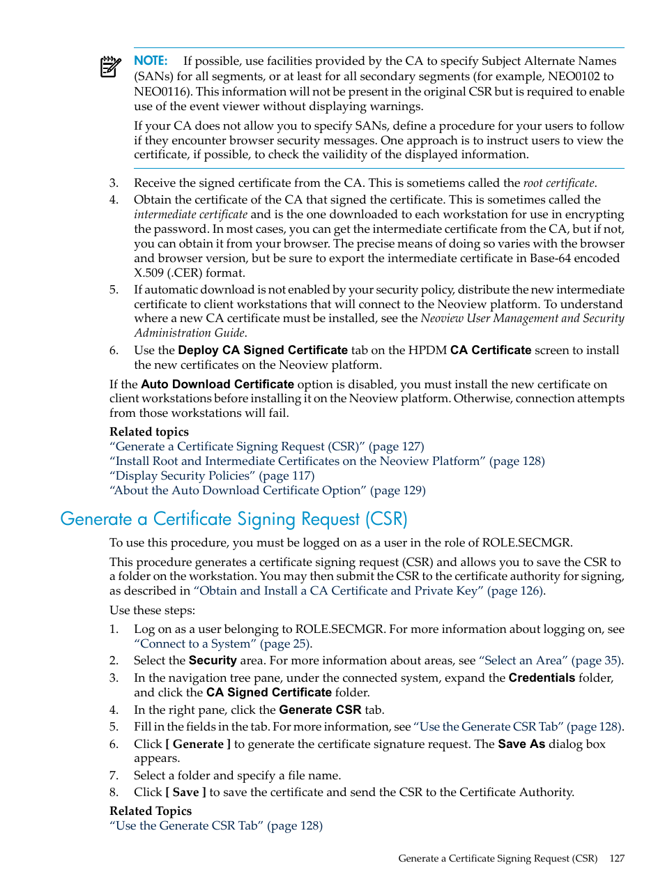 Generate a certificate signing request (csr) | HP Neoview Release 2.5 Software User Manual | Page 127 / 284