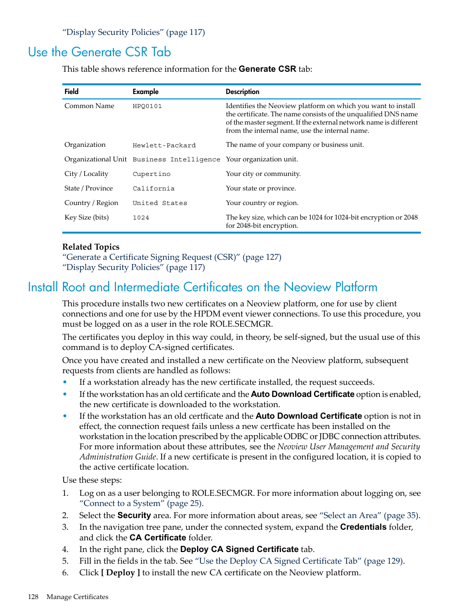 Use the generate csr tab | HP Neoview Release 2.5 Software User Manual | Page 128 / 284