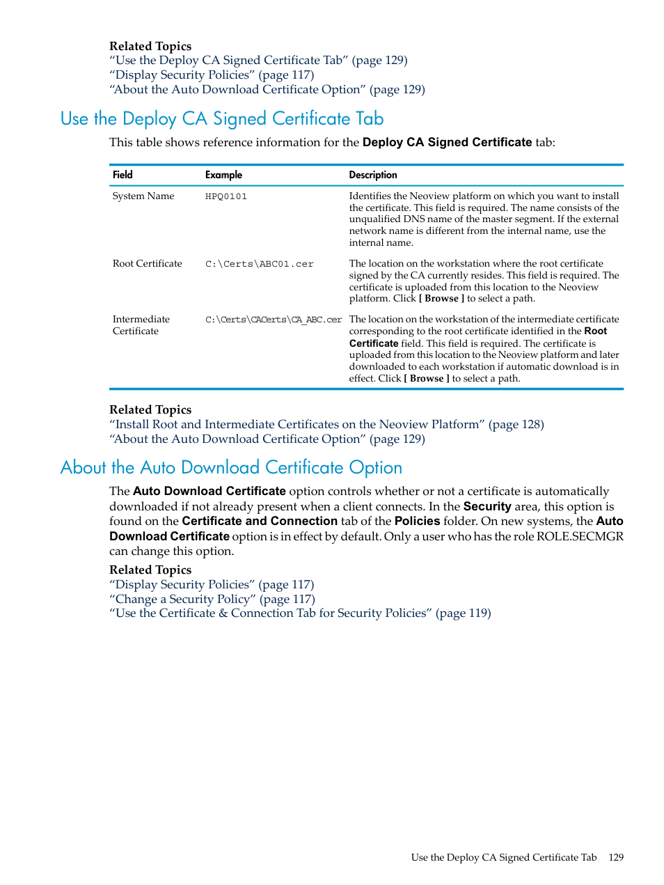 Use the deploy ca signed certificate tab, About the auto download certificate option | HP Neoview Release 2.5 Software User Manual | Page 129 / 284