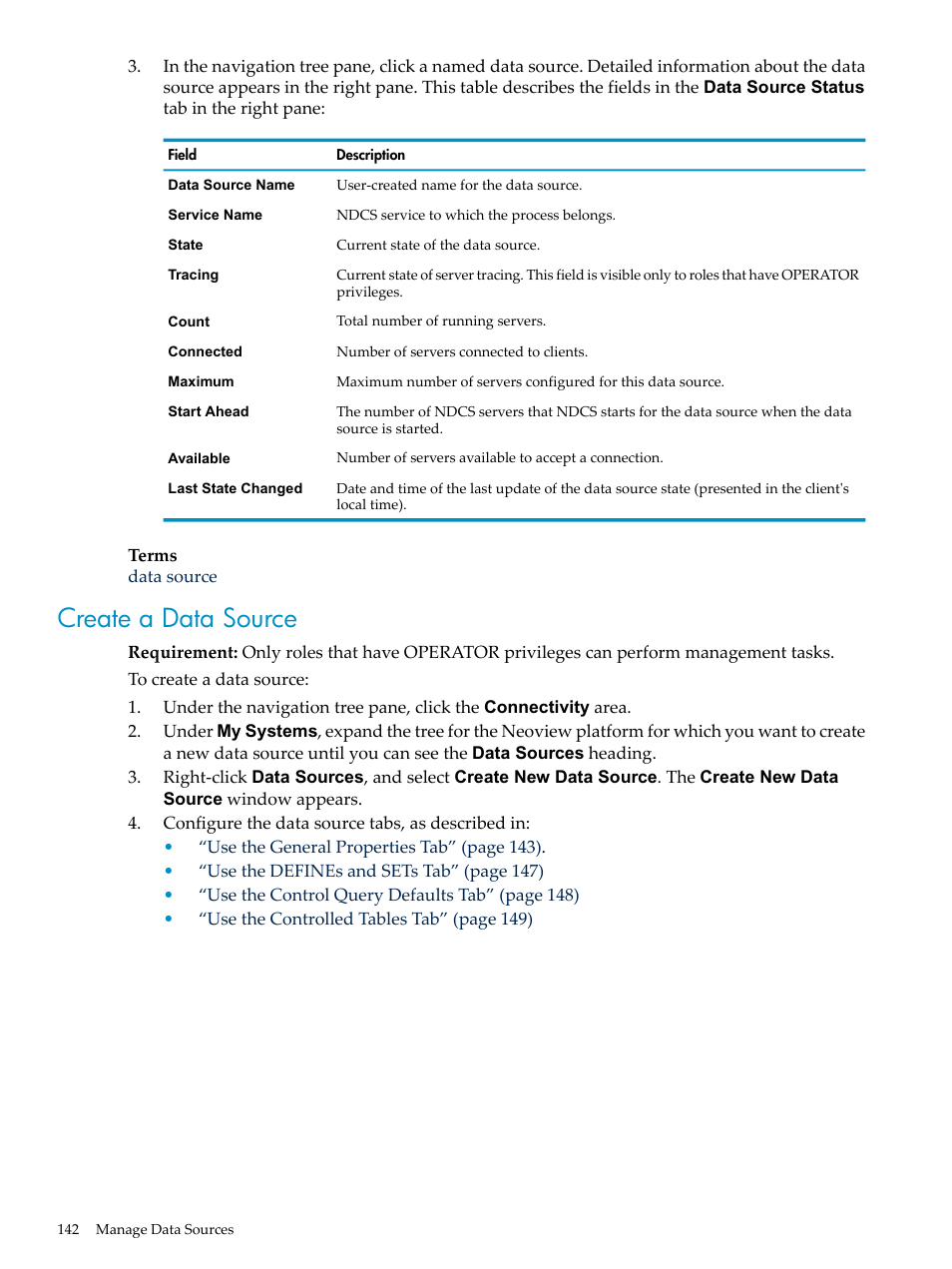 Create a data source | HP Neoview Release 2.5 Software User Manual | Page 142 / 284