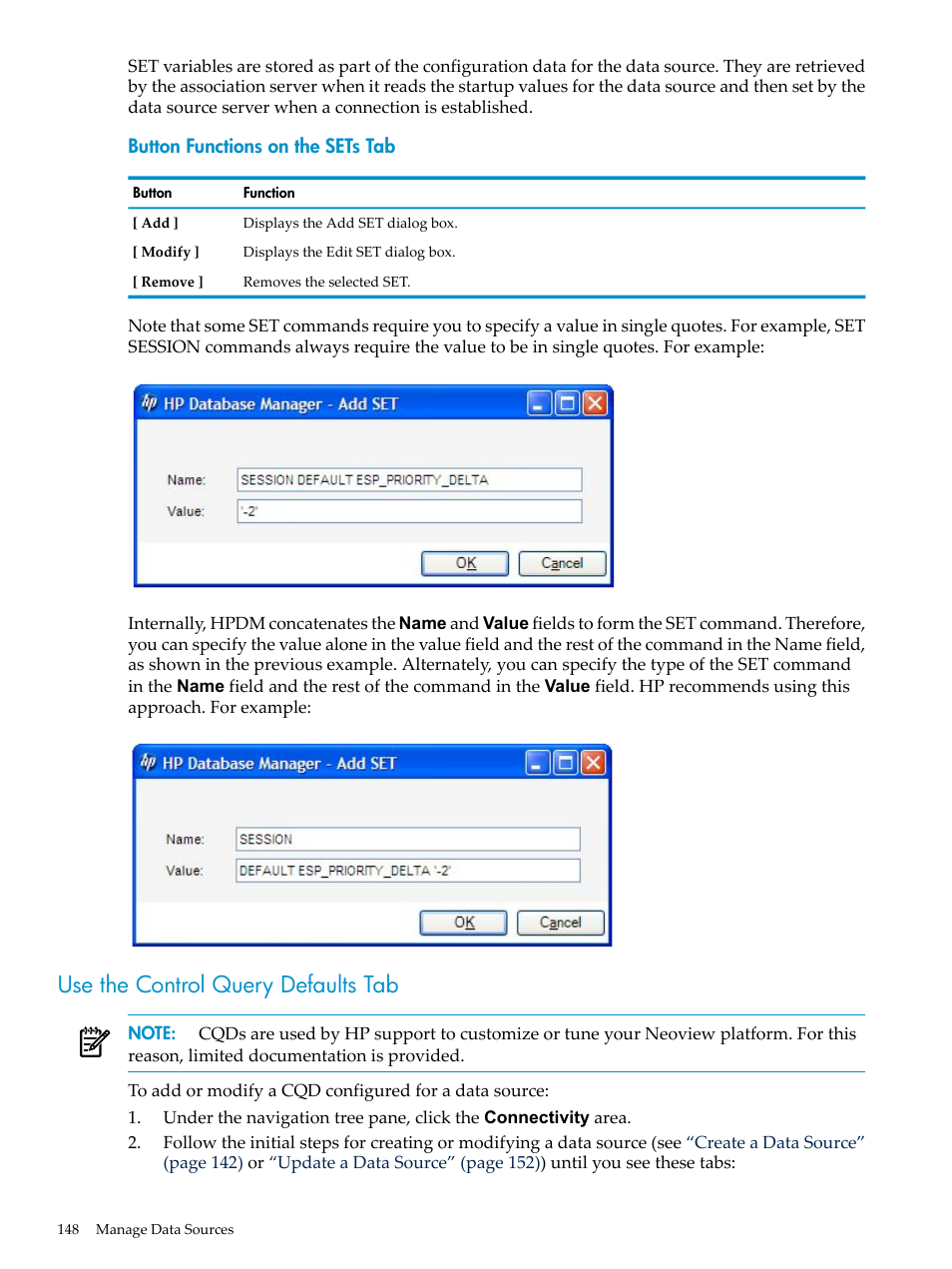 Use the control query defaults tab | HP Neoview Release 2.5 Software User Manual | Page 148 / 284