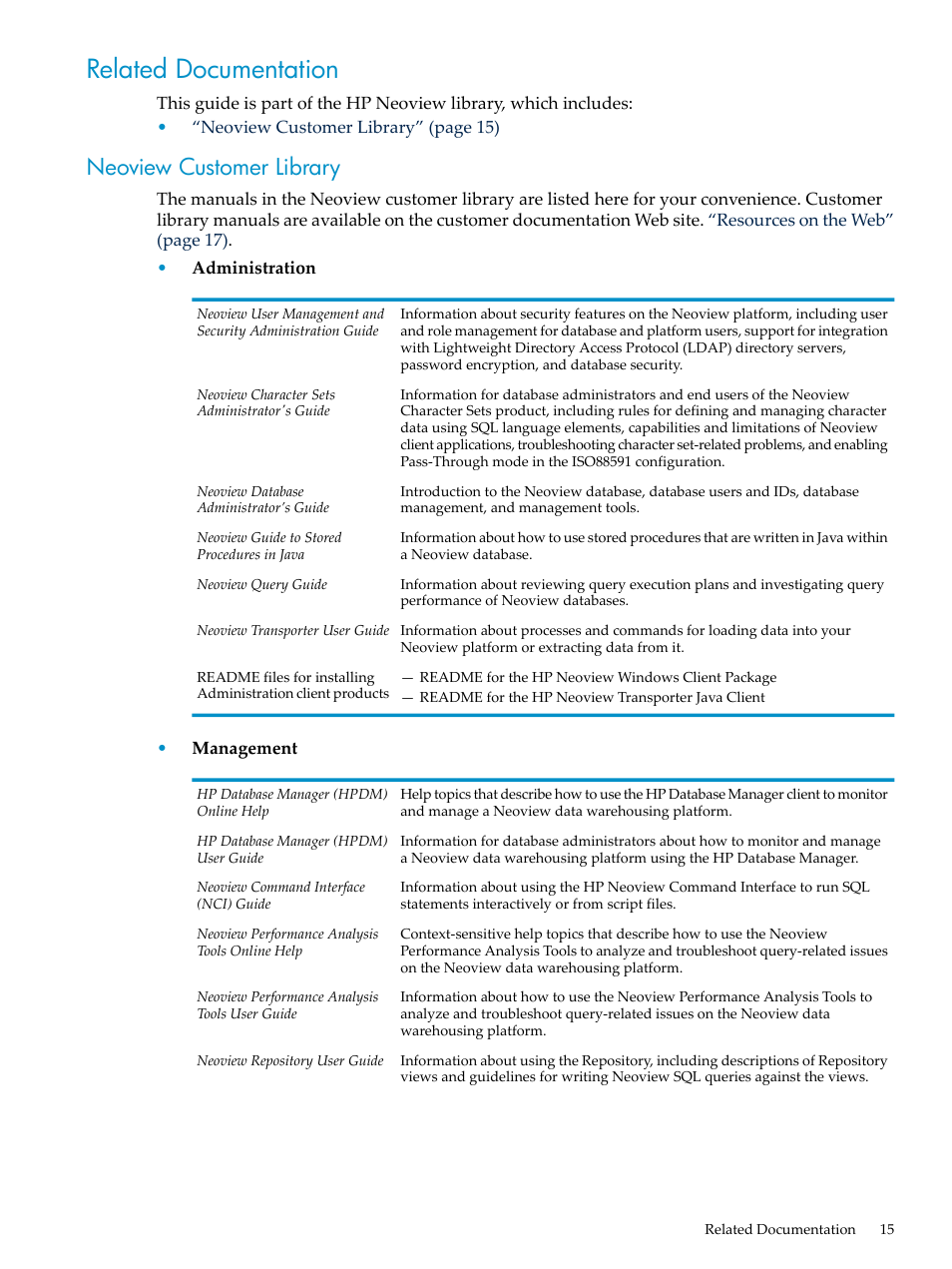 Related documentation, Neoview customer library | HP Neoview Release 2.5 Software User Manual | Page 15 / 284