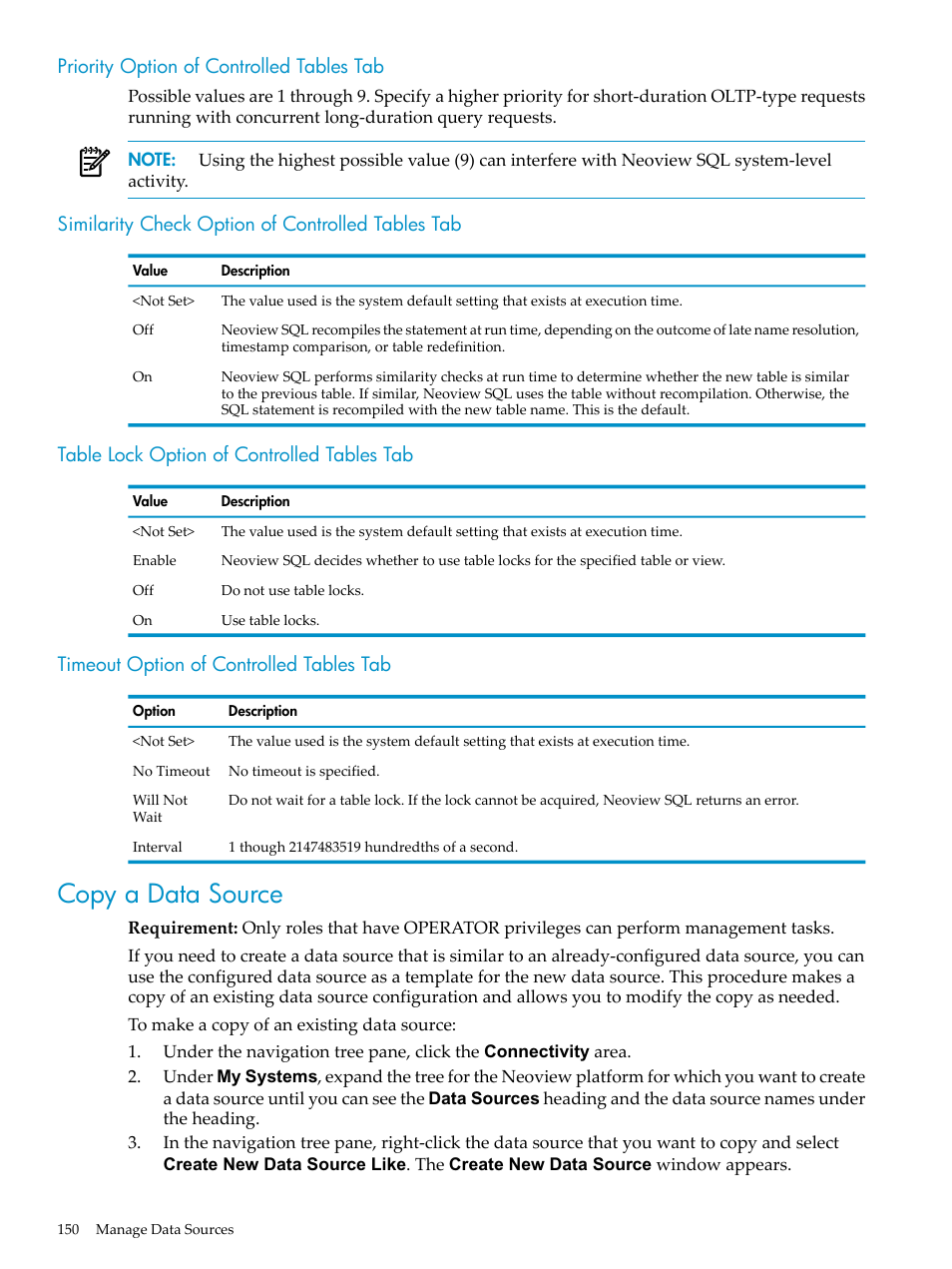 Priority option of controlled tables tab, Similarity check option of controlled tables tab, Table lock option of controlled tables tab | Timeout option of controlled tables tab, Copy a data source, Priority, Similarity check, Table lock, Timeout | HP Neoview Release 2.5 Software User Manual | Page 150 / 284